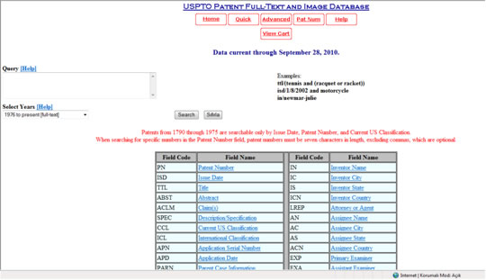 Ameikan Patent Ofisi Patent Sorgulama Ekranı