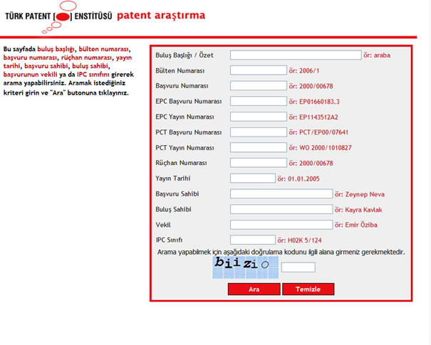 Türk Patent Enstitüsü Patent Sorgulama Ekranı